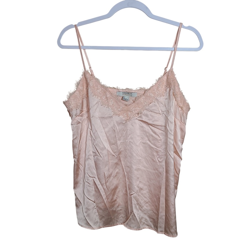 Forever 21 Y2K Pink Satin Lace Trim Cami L Soft Fairy‎ Coquette Girl Clean
